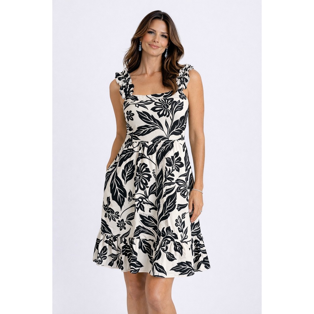 NWT Who What Wear Batik Floral Birch‎ Dress Small Black White Ruffle Open Back